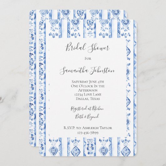 Sicily Italian Rustic Blue Stripes Bridal Shower 招待状 (正面/裏面)