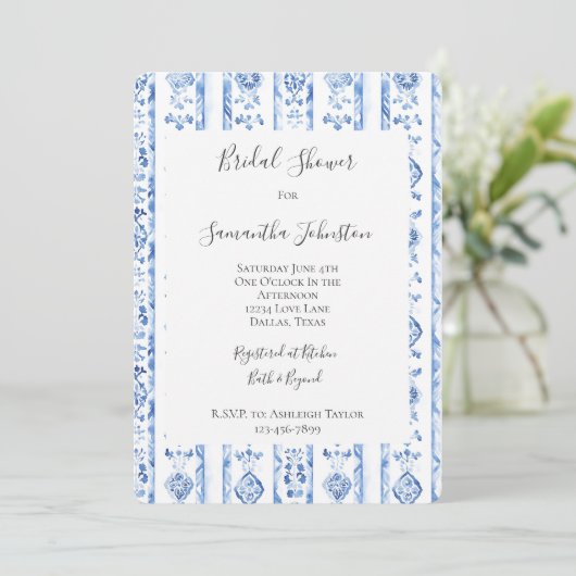 Sicily Italian Rustic Blue Stripes Bridal Shower 招待状 (スタンド正面)