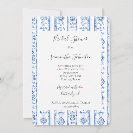 Sicily Italian Rustic Blue Stripes Bridal Shower 招待状 (正面)