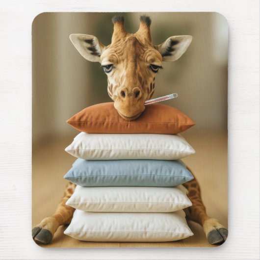 Sick Giraffe On Bed Pillow Stack マウスパッド (正面)