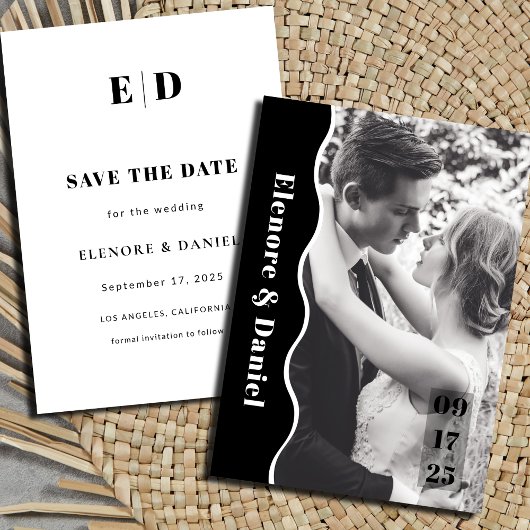 Side モダン Wave Black and White Photo 結婚's セーブザデート