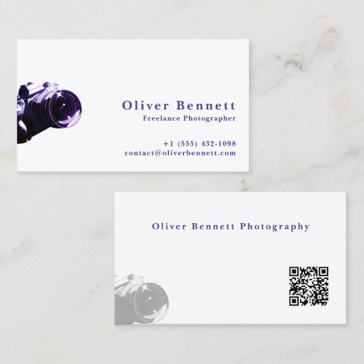 Side-cut PurpleDesign Camera Photographer QR Code 名刺 (正面/裏面)