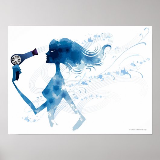 Side view of woman blow drying long hair ポスター (正面)