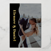 Side Wave Black & White Monogram Photo 結婚's 箔招待状 (正面)