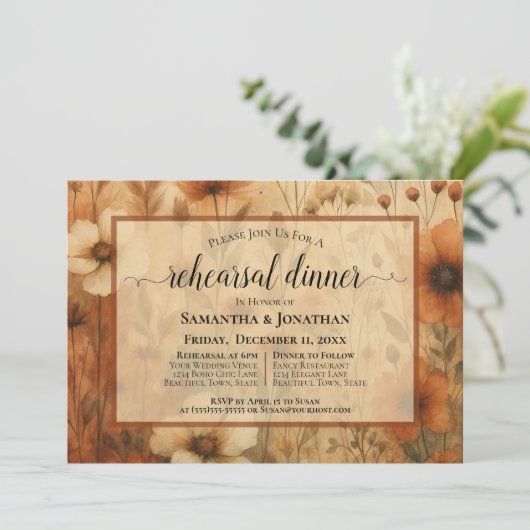 Sienna Boho Wildflowers Wedding Rehearsal Dinner 招待状 (スタンド正面)