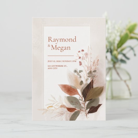 Sienna Gold Vein Leaf Wedding 招待状 (スタンド正面)