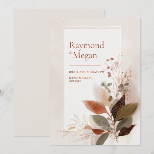 Sienna Gold Vein Leaf Wedding 招待状 (正面/裏面)