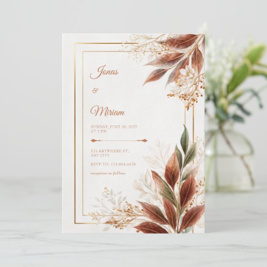 Sienna Leaf Sage Botanical Wedding 招待状 (スタンド正面)