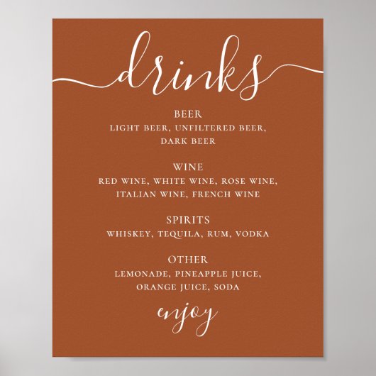 Sienna Wedding Drinks Menu | Terracotta Bar Sign ポスター (正面)