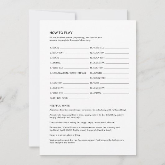 SIERRAブライダルシャワーLibs, Fill in the Blanksゲーム 招待状 (裏面)