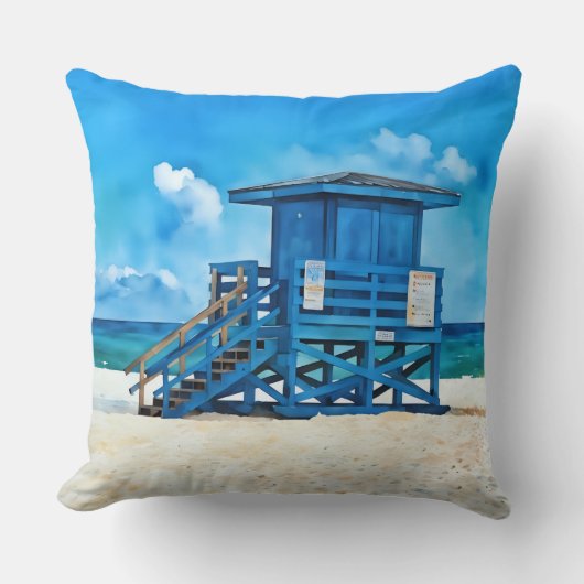 Siesta Key Beach Blue Lifeguard Tower Pillow クッション (正面)