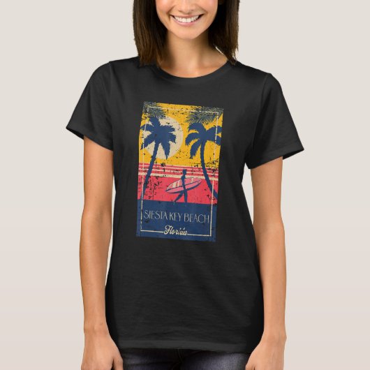 Siesta Key Beach Florida Retro Surfer Beach Distre Tシャツ (正面)