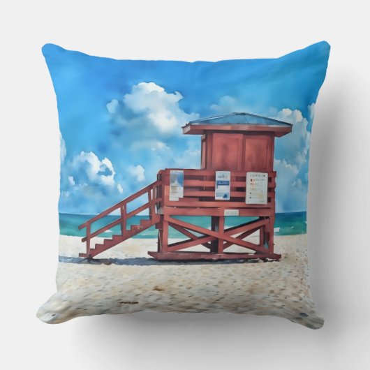 Siesta Key Beach Red LifeGuard Tower Pillow クッション (正面)