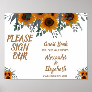 Sign our Guest Book'結婚s Sunflowers Greenery ポスター