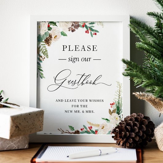 Sign Our Guestbook Rustic Winter Floral Berries ポスター