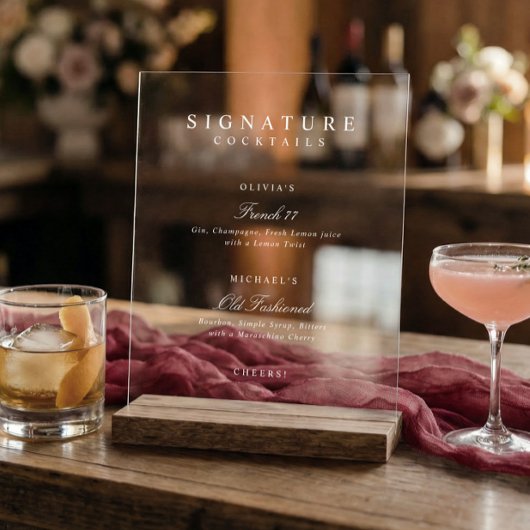 Signature Drinks Elegant Simple White Wedding Bar アクリルサイン
