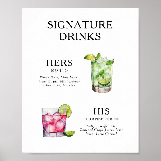 Signature Drinks Wedding Cocktail Menu Poster ポスター (正面)