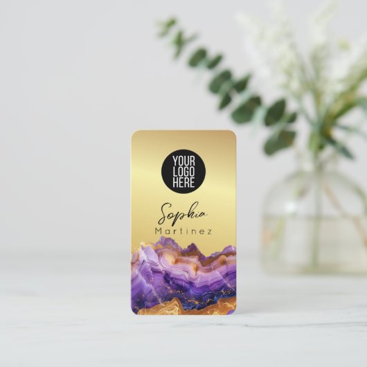 Signature Purple Agate gold marble & QR Code Logo 名刺 (スタンド正面)