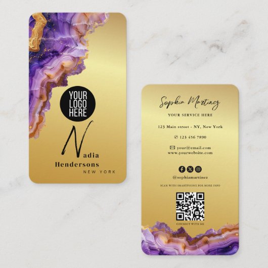 Signature Purple Agate gold marble & QR Code Logo 名刺 (正面/裏面)