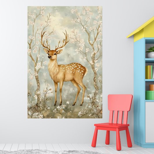 sika deer in a spring forest, surrounded by flower ポスター (子ども部屋1)