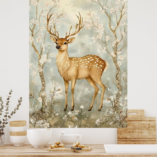 sika deer in a spring forest, surrounded by flower ポスター (キッチン)