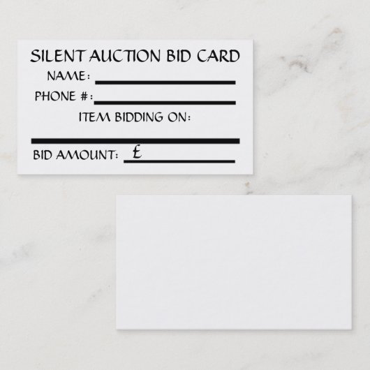 Silent Auction Bid Card (White) BRITISH POUND 名刺 (正面/裏面)
