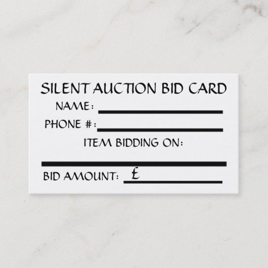 Silent Auction Bid Card (White) BRITISH POUND 名刺 (正面)