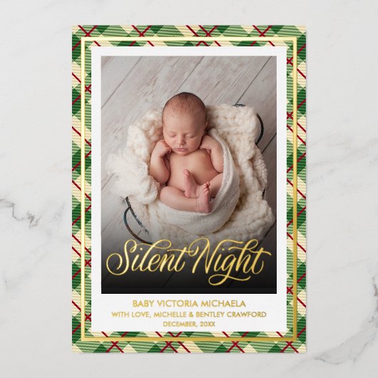 Silent Night | Christmas Baby Photo Plaid Pattern 箔シーズンカード (正面)