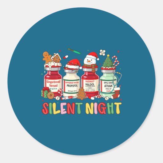 Silent Night Funny Nurse Christmas Design Long Sle ラウンドシール (正面)