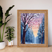 Silent Snowfall Winter Forest Watercolor Painting ポスター