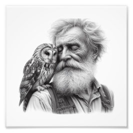 Silent Wisdom: Older Man and Owl Nuzzle Wall Art フォトプリント