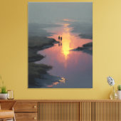 Silhouette Couple Sunset Stream Reflection キャンバスプリント (インサイチュ (リビング))