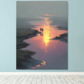 Silhouette Couple Sunset Stream Reflection キャンバスプリント (インサイチュ (ウッドフロア))