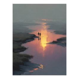 Silhouette Couple Sunset Stream Reflection フォトプリント