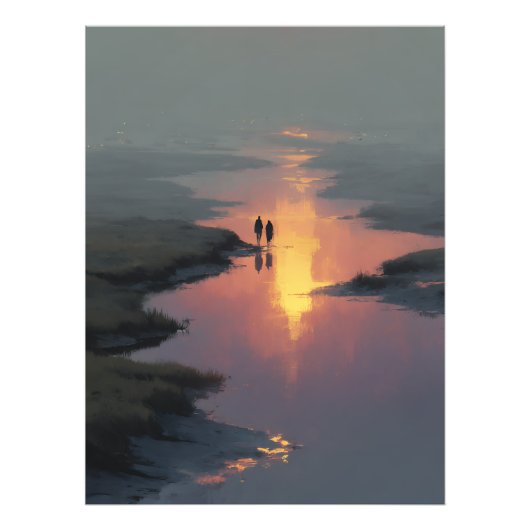 Silhouette Couple Sunset Stream Reflection フォトプリント (正面)