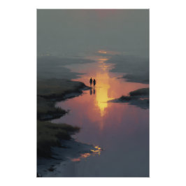 Silhouette Couple Sunset Stream Reflection ポスター