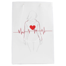 Silhouette féminine avec cœur et électrocardiogram ミディアムペーパーバッグ