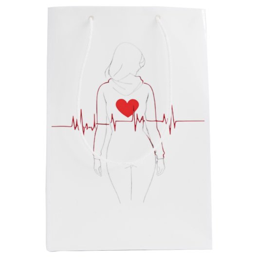 Silhouette féminine avec cœur et électrocardiogram ミディアムペーパーバッグ (正面)