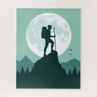 Silhouette Hiker on Peak with Moon and Mountains ジグソーパズル