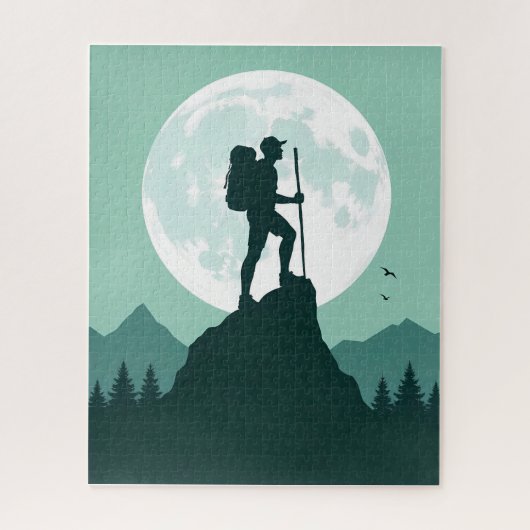 Silhouette Hiker on Peak with Moon and Mountains ジグソーパズル (縦)