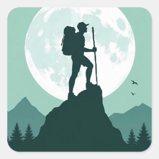 Silhouette Hiker on Peak with Moon and Mountains スクエアシール