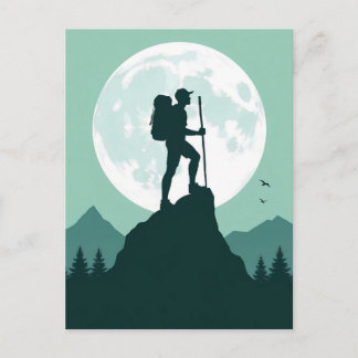 Silhouette Hiker on Peak with Moon and Mountains ポストカード