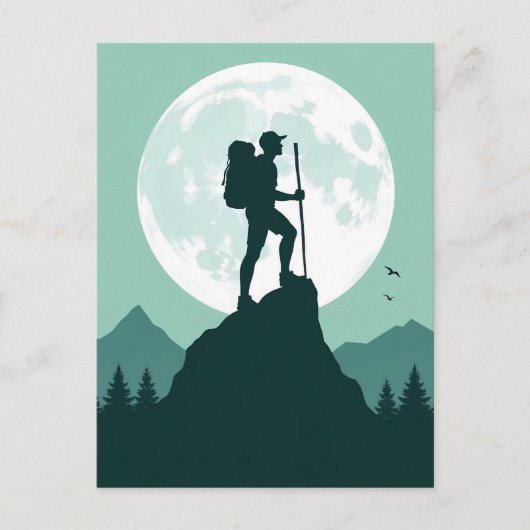 Silhouette Hiker on Peak with Moon and Mountains ポストカード (正面)