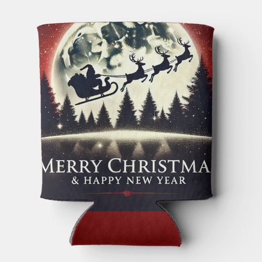 Silhouetted Santa and Reindeer Flying 缶クーラー (裏面)