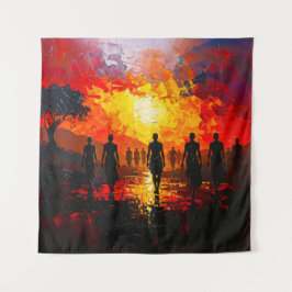 Silhouettes at Sunset: Fiery Horizon Walkers タペストリー