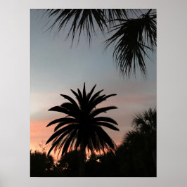 Silhouettes of palm fronds at sunset ポスター