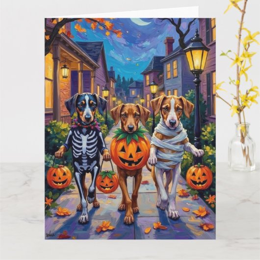 Silken Windhound Dogs in Halloween Costumes カード (黄色い花)
