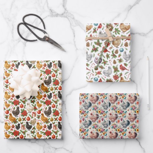 Silkie Chicken Christmas Wrapping Papers Set of 3 ラッピングペーパーシート (正面)