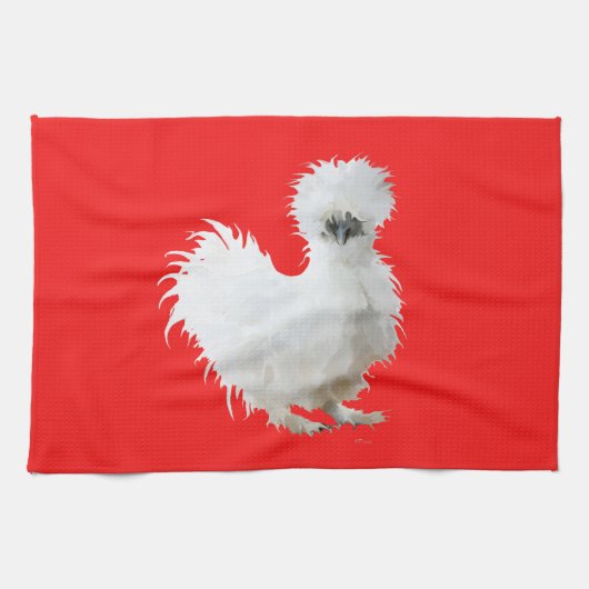 Silkie White Chicken on Red Tea Towel キッチンタオル (横)