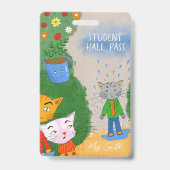 Silly Cartoon Cat Student Hall Pass Badge バッジ (正面)